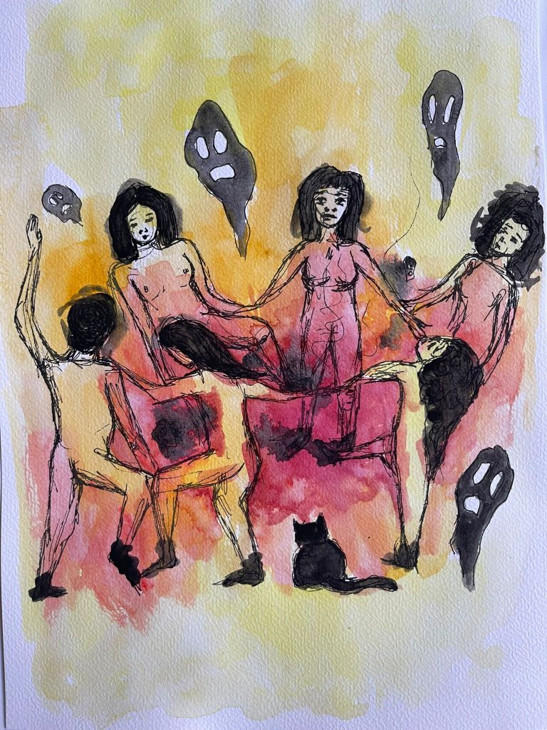 Travel painting women dancing around fire