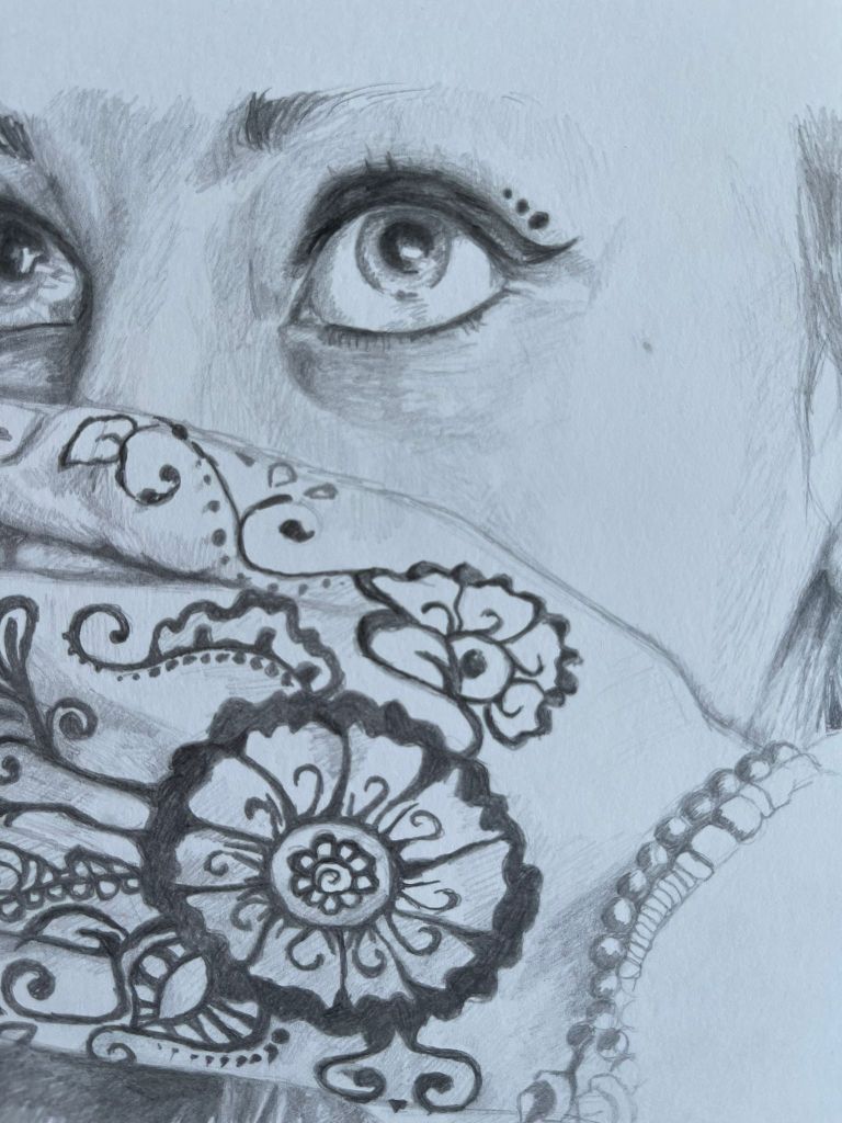 Pencil drawing Girl with henna closeup