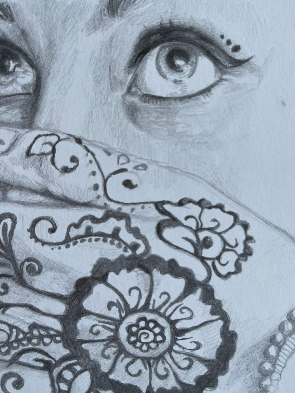 Pencil drawing Girl with henna closeup