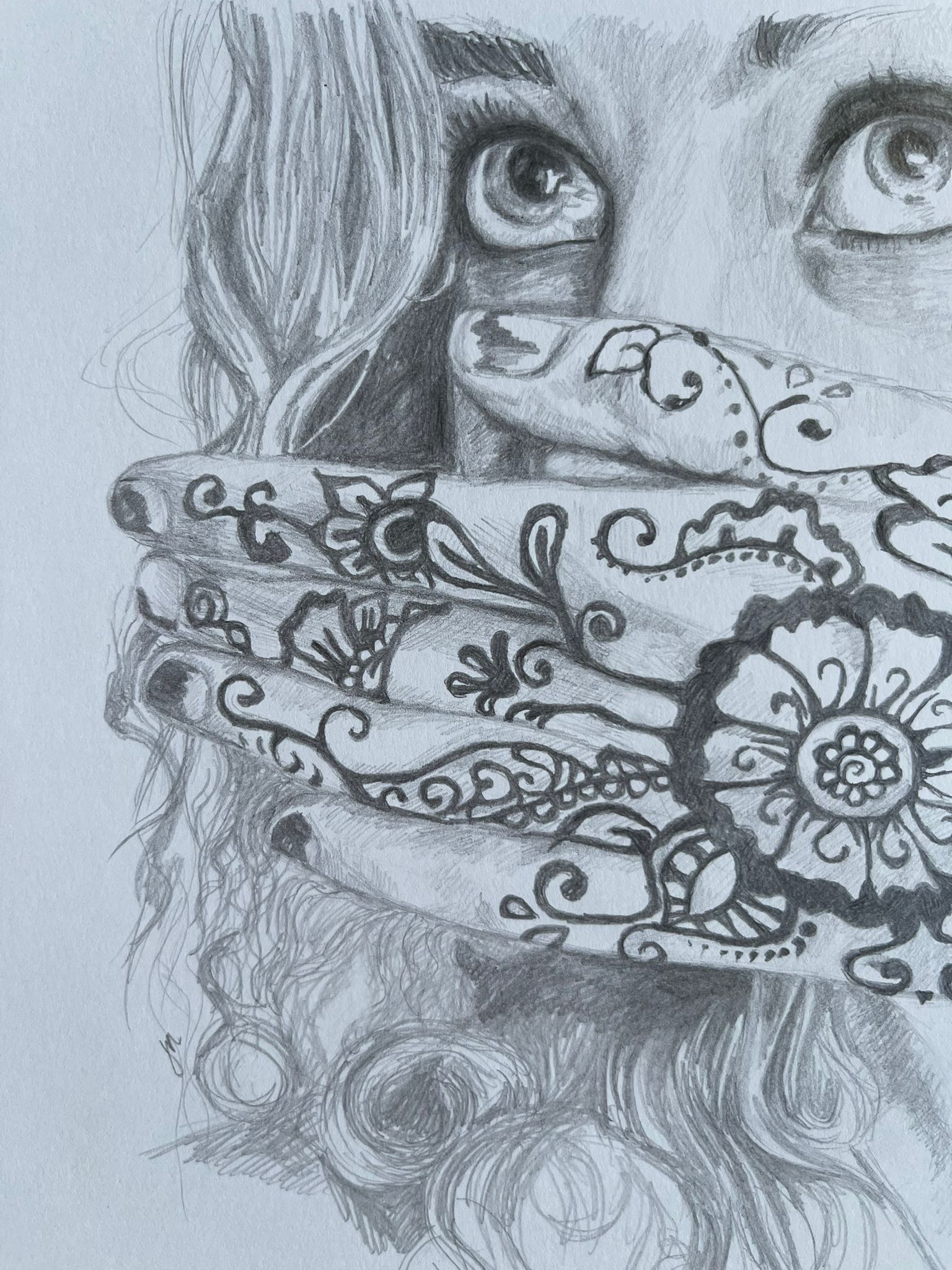 Pencil drawing Girl with henna closeup